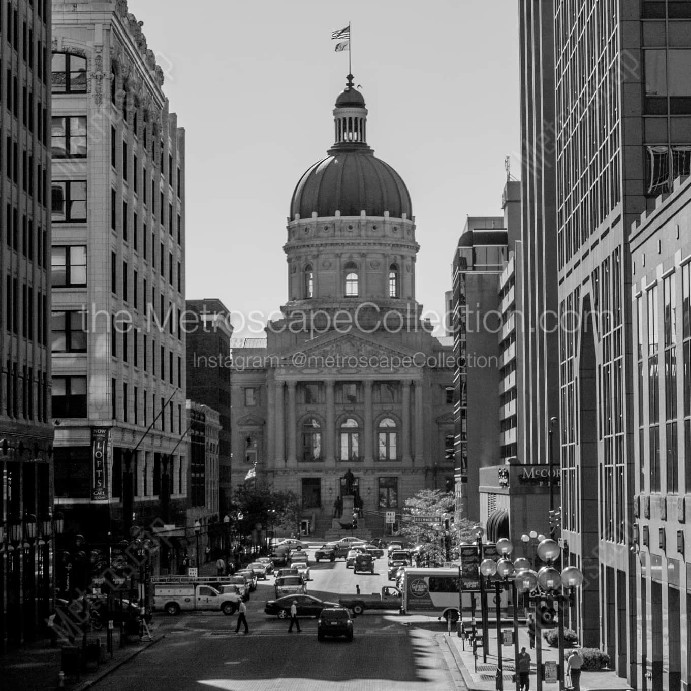 Indiana Statehouse From Monument Circle black and white: Square crop